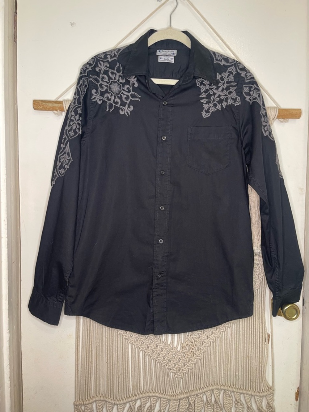 Lucky Brand Men's Small Western Embroidered Snap Button-Up Shirt Cotton Black